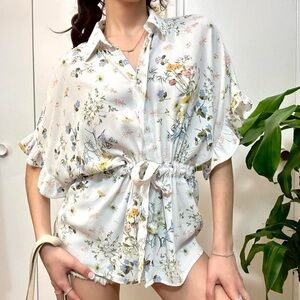 Zara Floral White Peplum Blouse